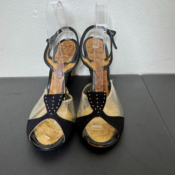 Vintage 40s Clear Plastic Black Suede Sling Back Open-Toe Heels, Vintage Shoes - Picture 2 of 11